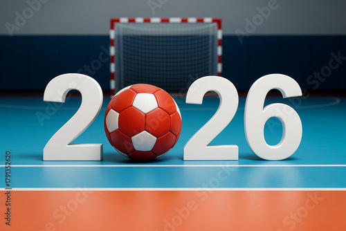 2026 with red handball and goal — indoor sports season poster