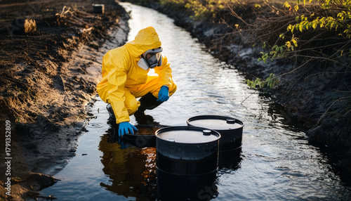 a worker investigates dumped barrels in a waterway