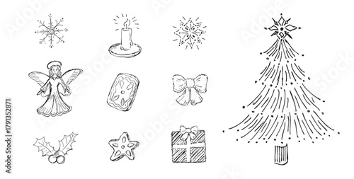 Hand drawn christmas tree, angel symbols. . Fine outline, vintage style abstract doodle drawing.