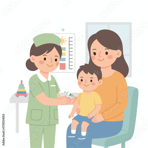 Ilustrasi Anak Mendapat Vaksin dari Perawat dengan Didampingi Ibu