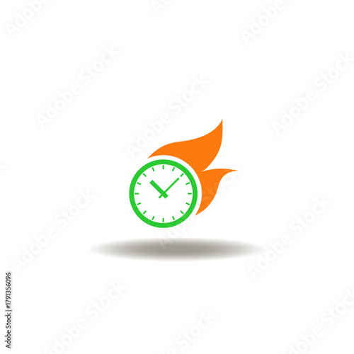 Vector illustration of clock with fire flame. Symbol of time deadline urgency.