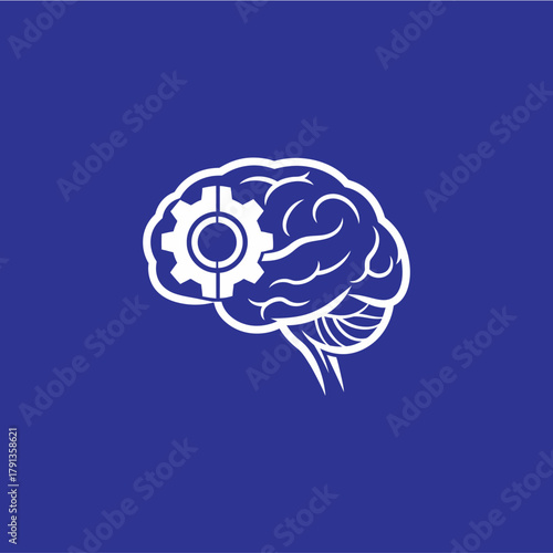 A white brain with a gear inside, set against a dark blue background, representing intelligence.