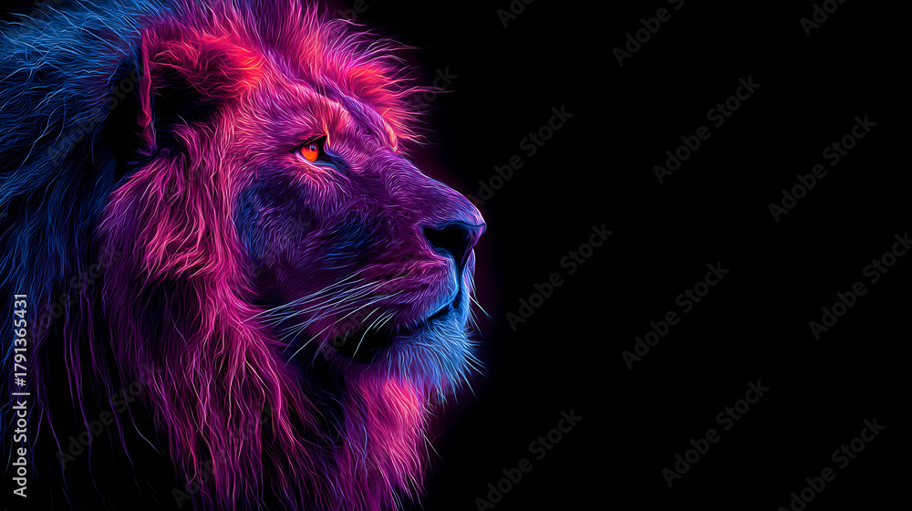 Naklejka premium Vibrant neon lion portrait with magenta, purple, and cyan fur against a stark black background. vibe