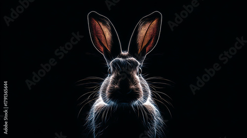 Close-up of a rabbit facing the camera against a black background, ears upright, dramatic lighting!!