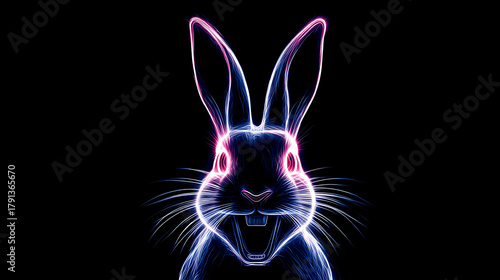 Neon rabbit head glows in electric blue and pink on black, with luminous, wispy fur lines. Soft glow