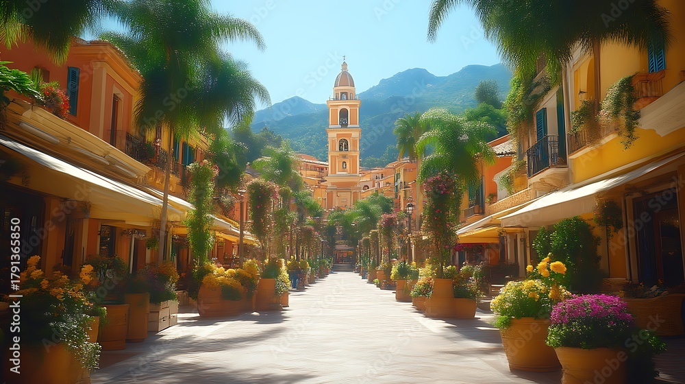 Fototapeta premium Sunny Mediterranean town street, pastel buildings, lush landscaping