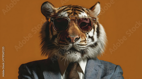 A tiger in a suit and sunglasses poses before a warm orange studio backdrop with confidence stylish