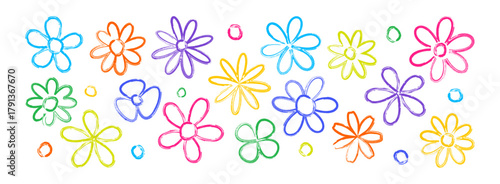 Flower crayon doodle, pastel cute line daisy. Chalk hand drawn kid plant, floral pattern watercolor texture. Color sketch plant child, charcoal garden isolated on bg. Brush paint vector illustration