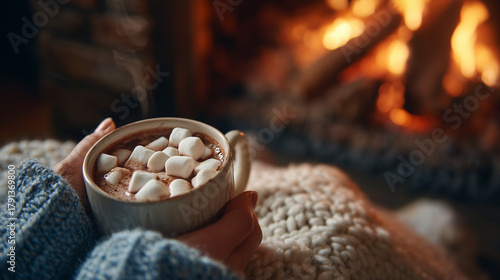 Wrapped in Blanket Holding Hot Chocolate with Marshmallows