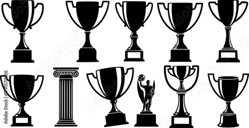 Trophy silhouettes, Trophy, Trophy vector set, Trophy icon, Cup trophy silhouette, Player trophy, Player trophy silhouette, Winner trophy cups silhouettes set