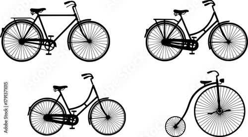  Classic bicycle silhouettes, Female bike silhouette, Vintage bicycle silhouette, Classic bicycle, Vintage bicycle, Vintage bicycle vector, Old bicycle silhouette set
