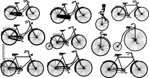  Classic bicycle silhouettes, Female bike silhouette, Vintage bicycle silhouette, Classic bicycle, Vintage bicycle, Vintage bicycle vector, Old bicycle silhouette set