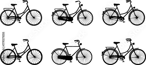  Classic bicycle silhouettes, Female bike silhouette, Vintage bicycle silhouette, Classic bicycle, Vintage bicycle, Vintage bicycle vector, Old bicycle silhouette set
