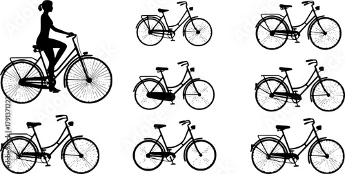  Classic bicycle silhouettes, Female bike silhouette, Vintage bicycle silhouette, Classic bicycle, Vintage bicycle, Vintage bicycle vector, Old bicycle silhouette set