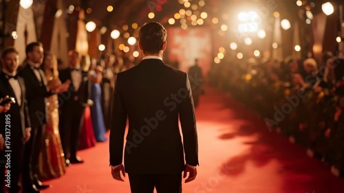 A man in a dark suit walks down a red carpet surrounded by a blurred crowd under bright lights, capturing the essence of a glamorous evening event.
