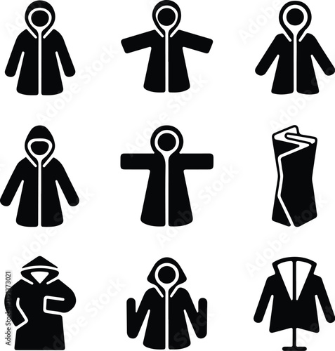 Raincoat Icon Set – Waterproof Clothing and Outerwear Silhouette Collection Rain Jacket and Raincoat Icons – Weather Protection Fashion Vector Set