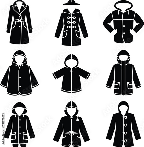 Raincoat Icon Set – Waterproof Clothing and Outerwear Silhouette Collection Rain Jacket and Raincoat Icons – Weather Protection Fashion Vector Set