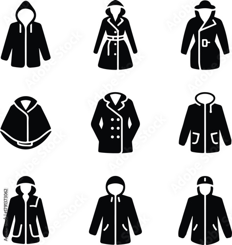 Raincoat Icon Set – Waterproof Clothing and Outerwear Silhouette Collection Rain Jacket and Raincoat Icons – Weather Protection Fashion Vector Set