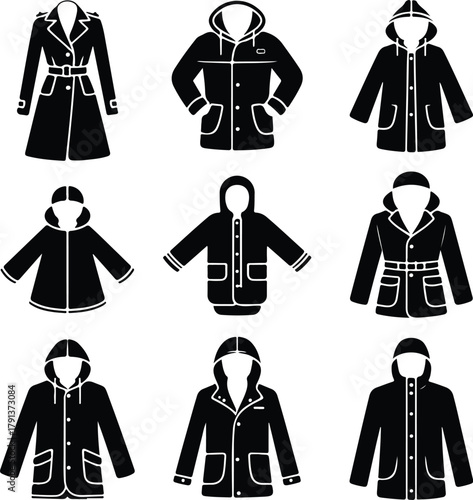 Raincoat Icon Set – Waterproof Clothing and Outerwear Silhouette Collection Rain Jacket and Raincoat Icons – Weather Protection Fashion Vector Set