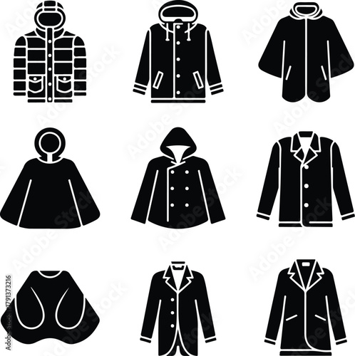 Raincoat Icon Set – Waterproof Clothing and Outerwear Silhouette Collection Rain Jacket and Raincoat Icons – Weather Protection Fashion Vector Set