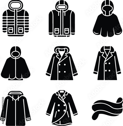 Raincoat Icon Set – Waterproof Clothing and Outerwear Silhouette Collection Rain Jacket and Raincoat Icons – Weather Protection Fashion Vector Set
