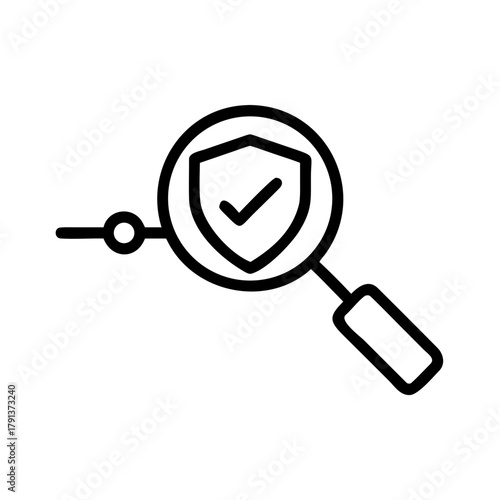 A magnifying glass over a shield with check mark, concept of security, safety and protection.
