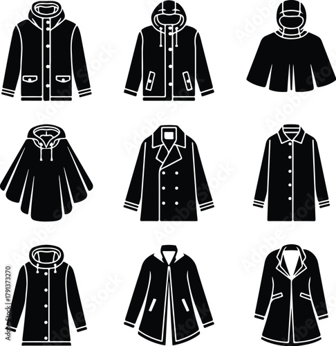 Raincoat Icon Set – Waterproof Clothing and Outerwear Silhouette Collection Rain Jacket and Raincoat Icons – Weather Protection Fashion Vector Set