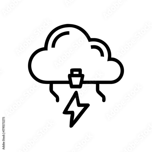 A stylized illustration of a storm cloud with lightning and rain