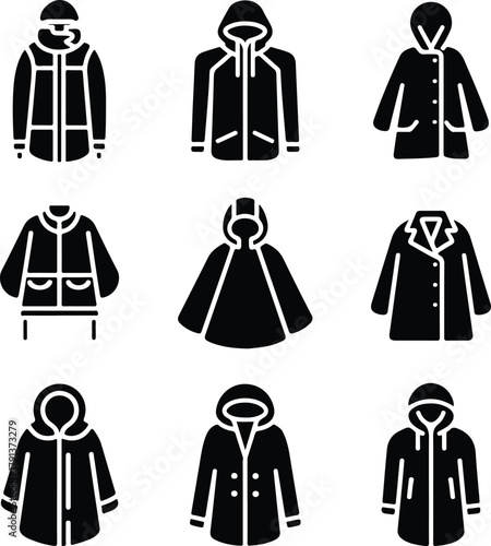 Raincoat Icon Set – Waterproof Clothing and Outerwear Silhouette Collection Rain Jacket and Raincoat Icons – Weather Protection Fashion Vector Set