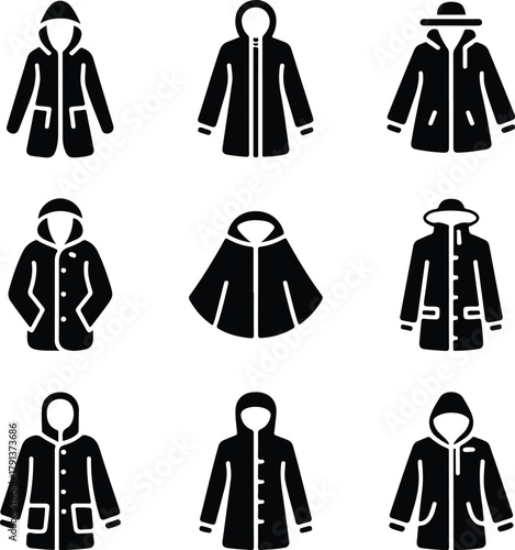 Raincoat Icon Set – Waterproof Clothing and Outerwear Silhouette Collection Rain Jacket and Raincoat Icons – Weather Protection Fashion Vector Set