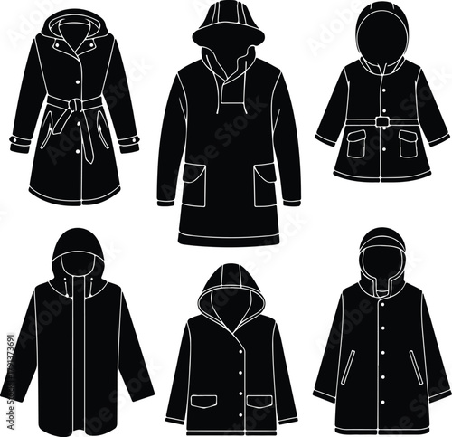 Raincoat Icon Set – Waterproof Clothing and Outerwear Silhouette Collection Rain Jacket and Raincoat Icons – Weather Protection Fashion Vector Set