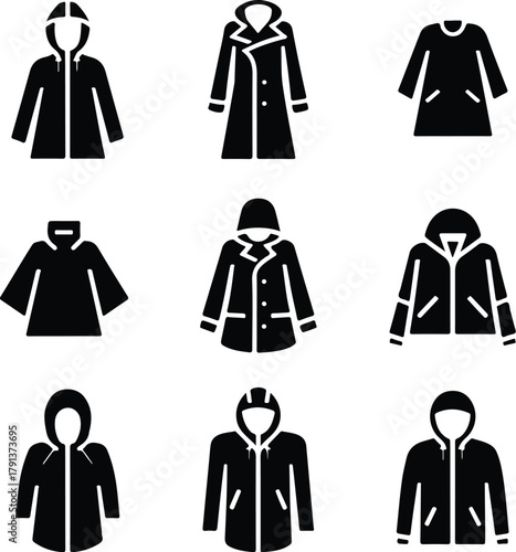 Raincoat Icon Set – Waterproof Clothing and Outerwear Silhouette Collection Rain Jacket and Raincoat Icons – Weather Protection Fashion Vector Set