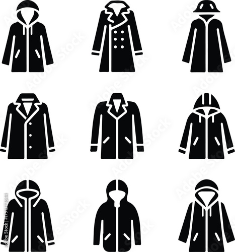 Raincoat Icon Set – Waterproof Clothing and Outerwear Silhouette Collection Rain Jacket and Raincoat Icons – Weather Protection Fashion Vector Set