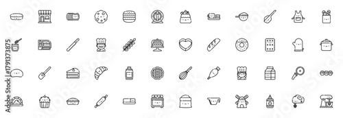 Bakery icon set. Vector illustration. Includes symbos for bread, cake, cookie,dough, oven, baker, whisk,spoon, apron and more. Ediable stroke.