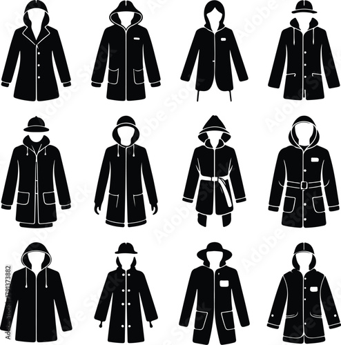 Raincoat Icon Set – Waterproof Clothing and Outerwear Silhouette Collection Rain Jacket and Raincoat Icons – Weather Protection Fashion Vector Set