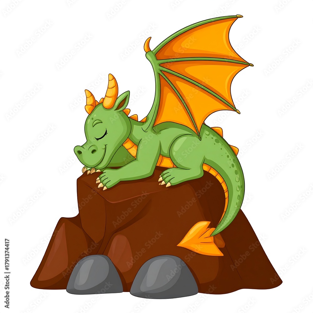 Fototapeta premium Sleepy green dragon resting on a brown rock