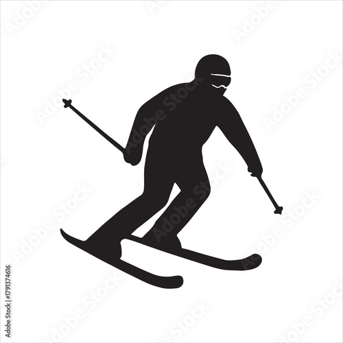 Silhouette of a skier downhill skiing with ski poles against a white background capturing the essence of winter sports and recreation