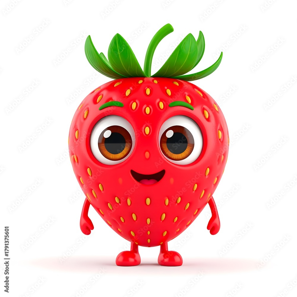 Fototapeta premium Cheerful 3D Cartoon Strawberry Fruit Character Smiling