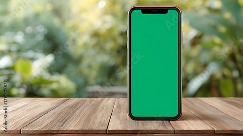 A smartphone with a vivid green display stands upright on a wooden table outdoors, blurred greenery!