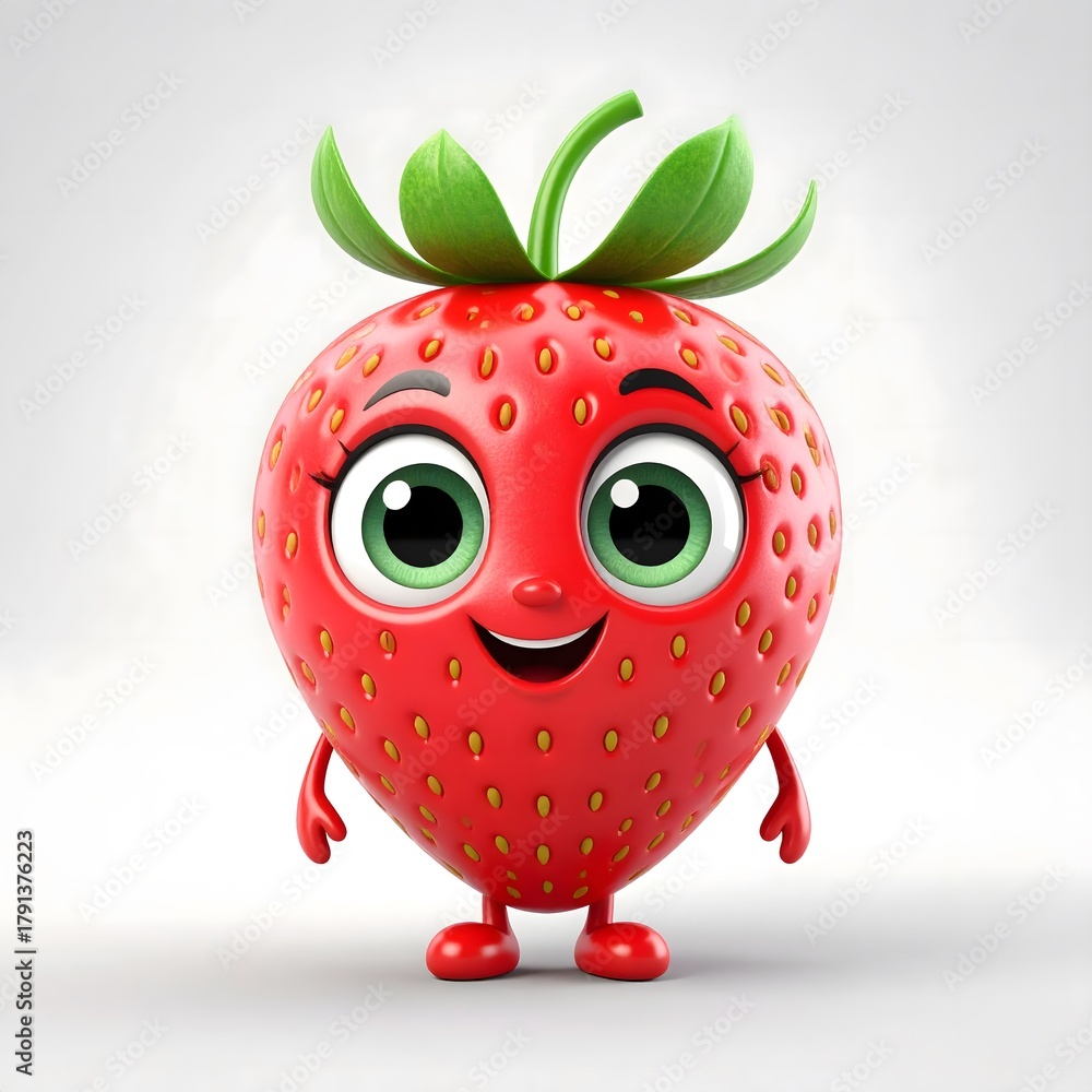Fototapeta premium Cheerful 3D Cartoon Strawberry Fruit Character Smiling