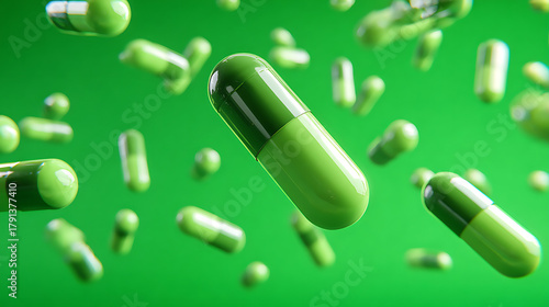 A vivid scene of green capsules drifting through a bright lime background, energetic and surreal.!!!