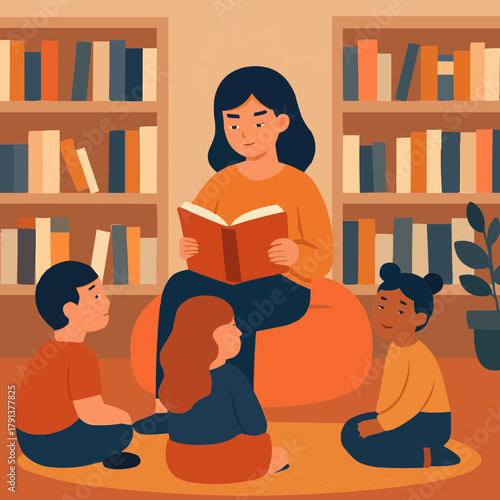 Volunteer Reading Books to Children at Library