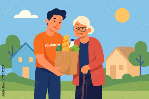 Volunteer Assisting Elderly Woman with Groceries