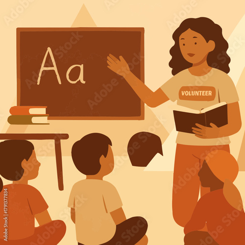 Volunteer Teaching Refugee Children in Classroom