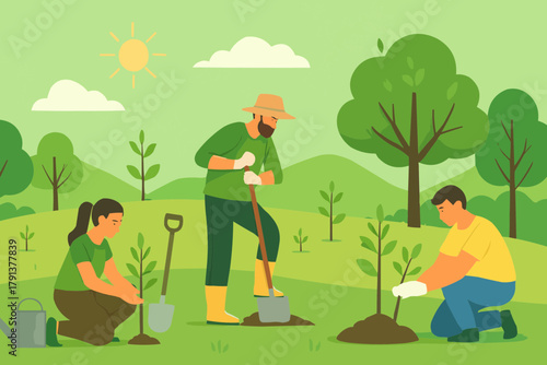 Volunteers Planting Trees in Public Park