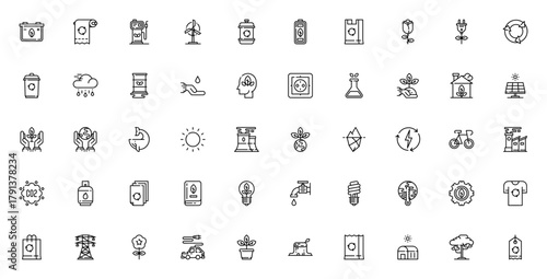 Eco-friendly icon set. Ecology vector symbols pack. ncludes battery, recycle, olar panel, windmill, gree energy, tree, electric ca, CO2 and more. Editable sroke.