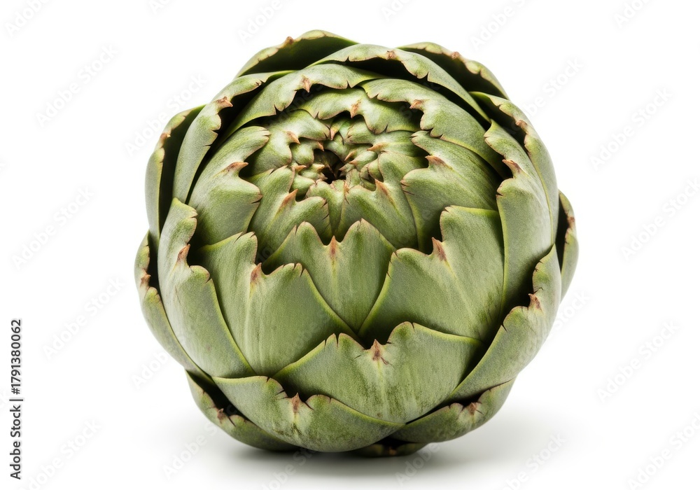 Obraz premium Single fresh green globe vegetable centered against a stark white background
