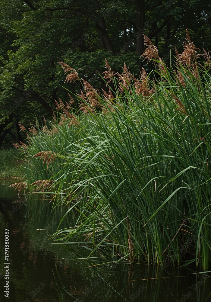 Fototapeta premium Lush aquatic plants known as reeds stand tall at the tranquil water's edge, creating a serene and natural wetland scene ,summer ,river ,flora