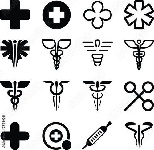 Medical Symbols Icons Cross Caduceus Rod of Asclepius Syringe Healthcare Vector Set