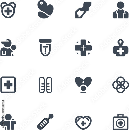 Medical Icons Heart Cross Doctor Syringe Test Tube First Aid Healthcare Vector Set